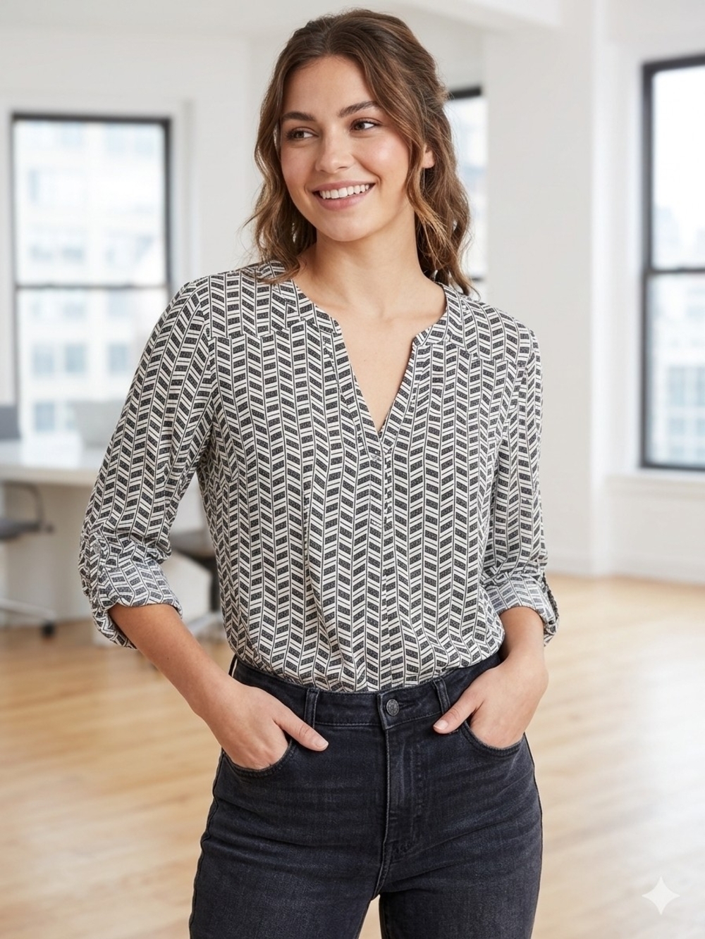 Candie’s Chevron Geometric Roll Tab Keyhole Blouse Black White Large